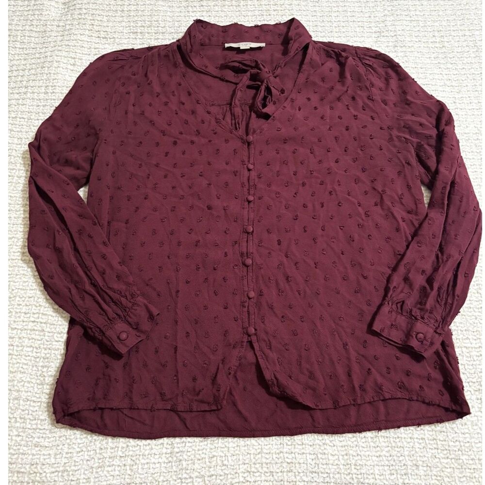 LOFT Burgundy Swiss‎ Dot Tie Neck Button Front Blouse S Romantic Cottagecore